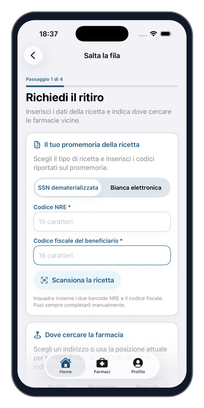 Schermata dell’app SubitoDoc per richiedere il ritiro dei farmaci in farmacia.