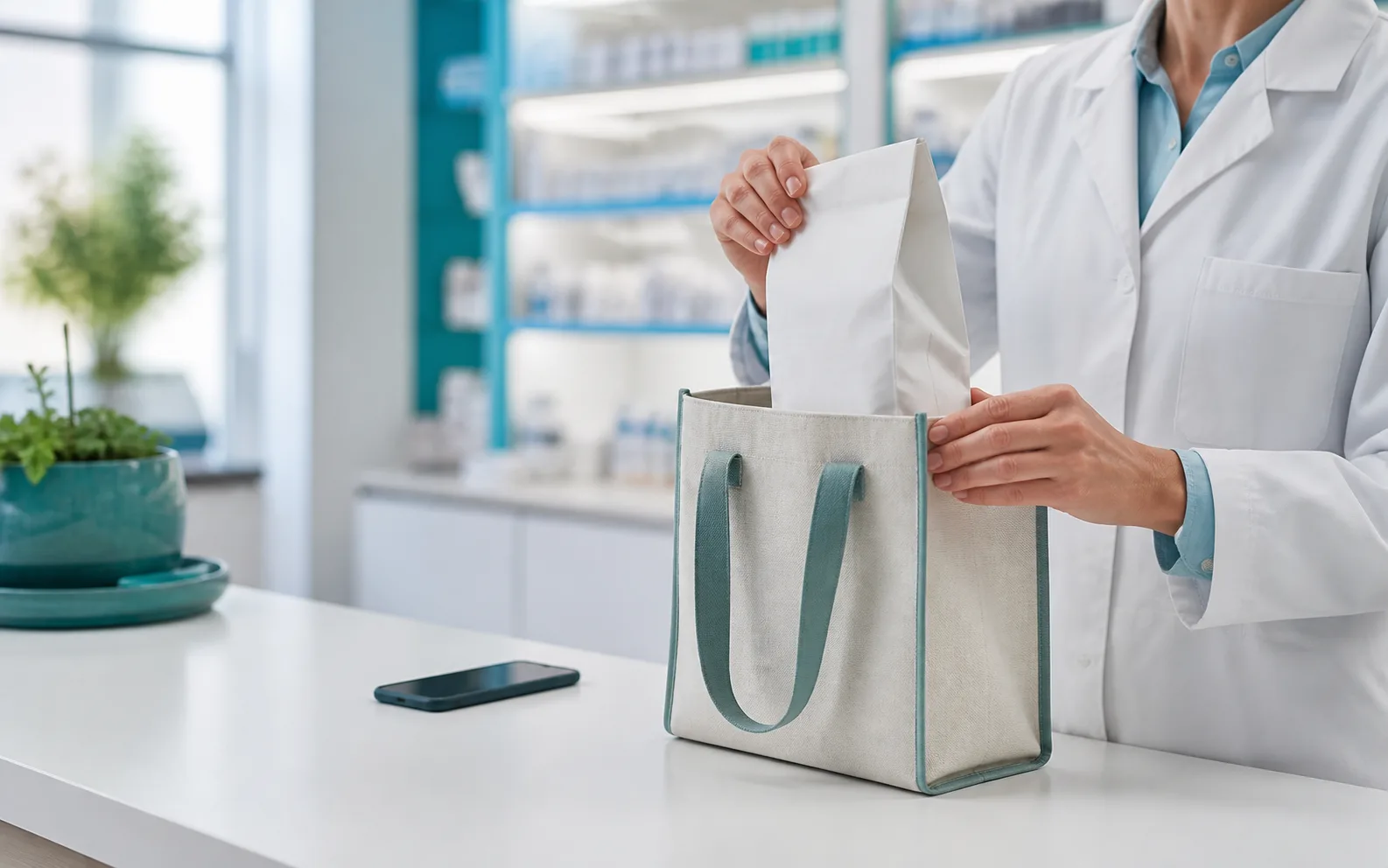 Farmacista prepara una busta per il ritiro in farmacia.